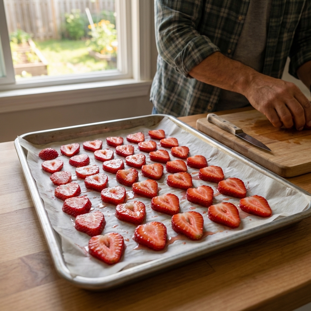 A real photo of sliced strawberries on a parchment-lined baking sheet in a home kitchen