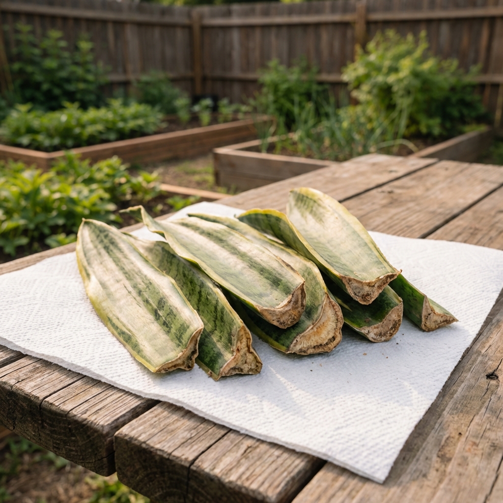 A real photo of snake plant leaf cuttings drying on a paper towel on a table