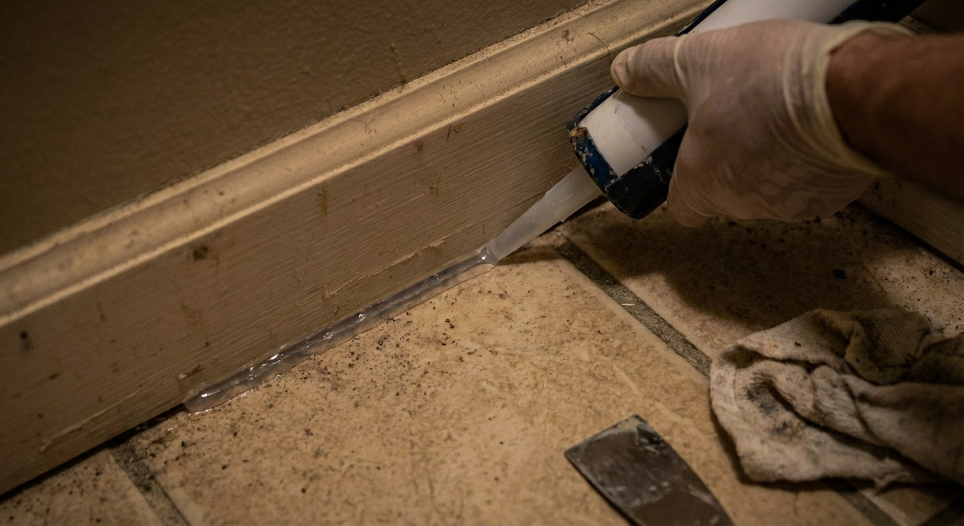 A real photo of someone applying clear caulk along a baseboard gap in a bathroom