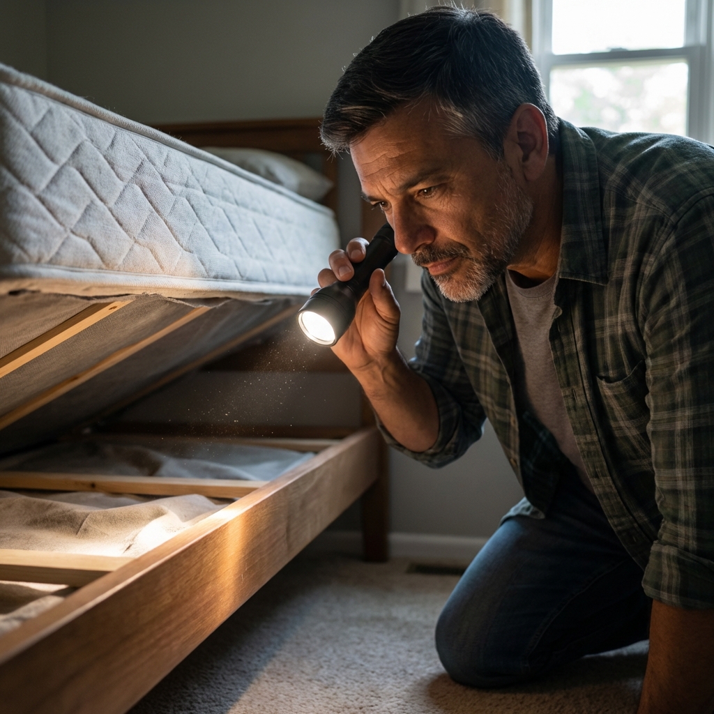 A real photo of someone checking the underside of a box spring with a flashlight