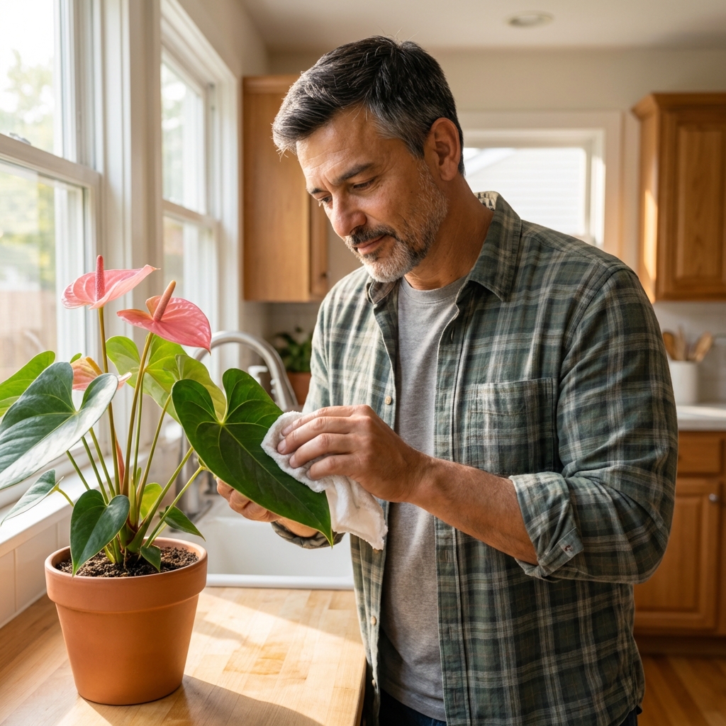 A real photo of someone wiping an anthurium leaf with a damp cloth next to the plant on a kitchen counter