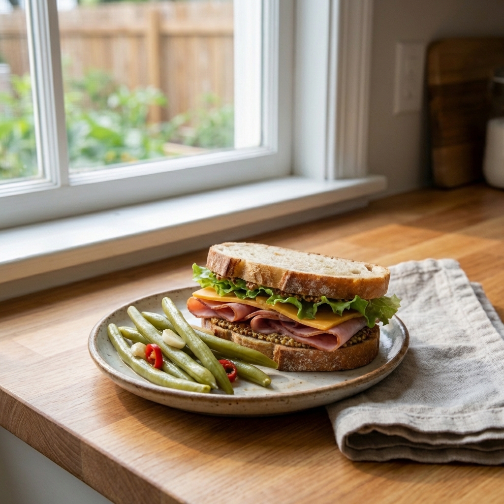 A real photo of spicy pickled green beans on a small plate next to a sandwich, ready to eat
