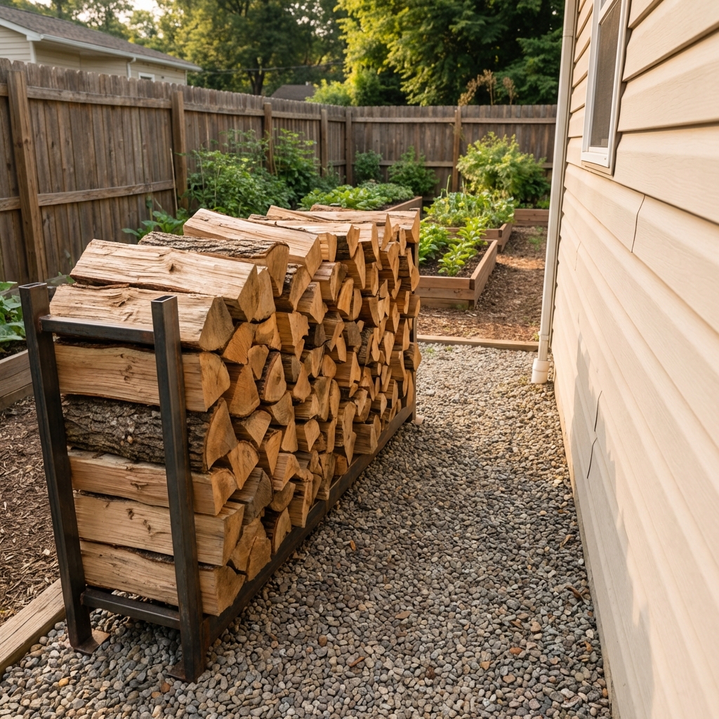 A real photo of stacked firewood raised on a rack with clear space between the woodpile and the house