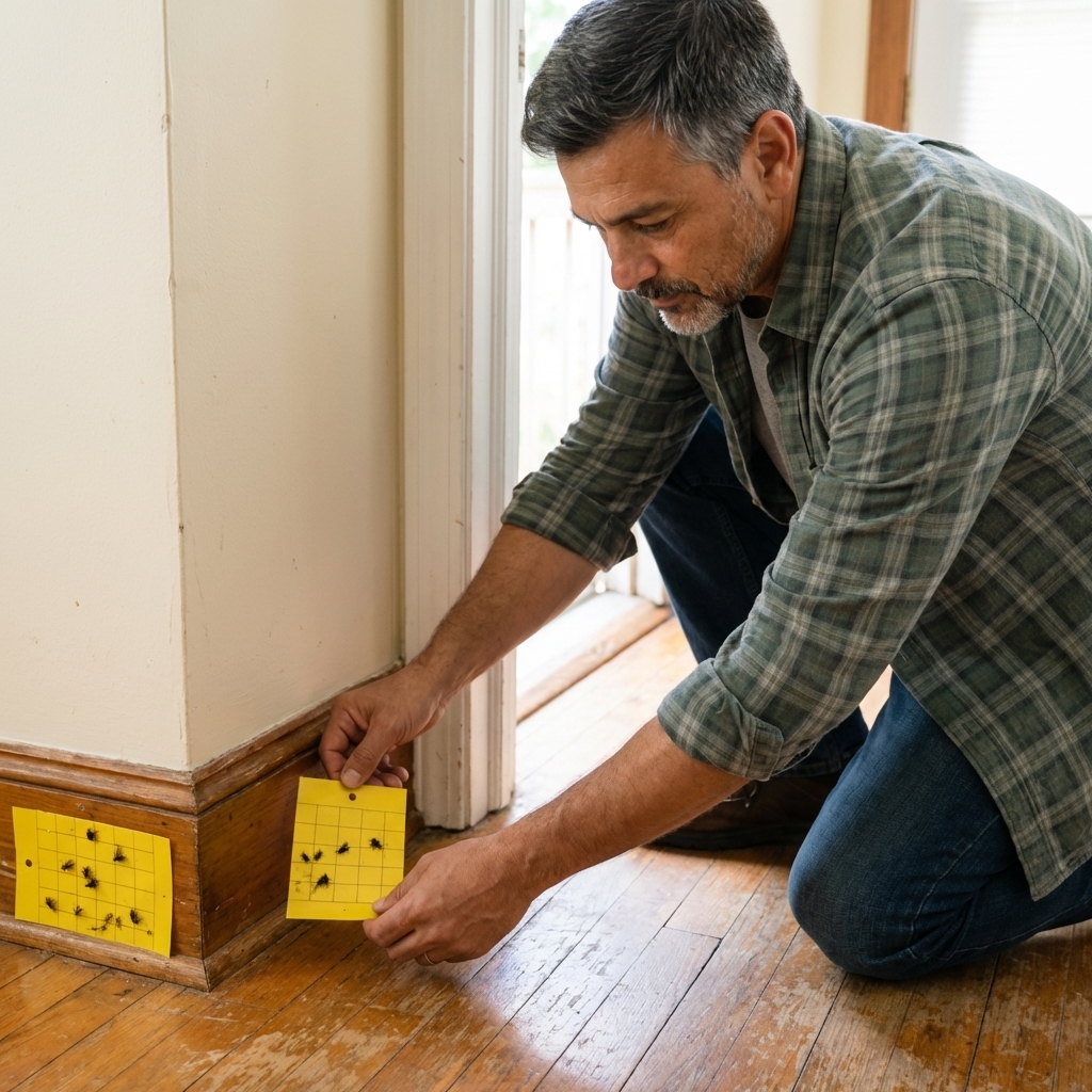 A real photo of sticky insect traps placed along a baseboard in a hallway corner