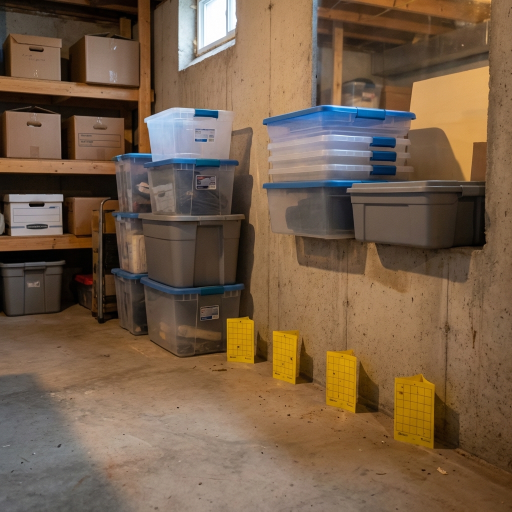 A real photo of sticky traps placed along a basement wall near stored plastic bins