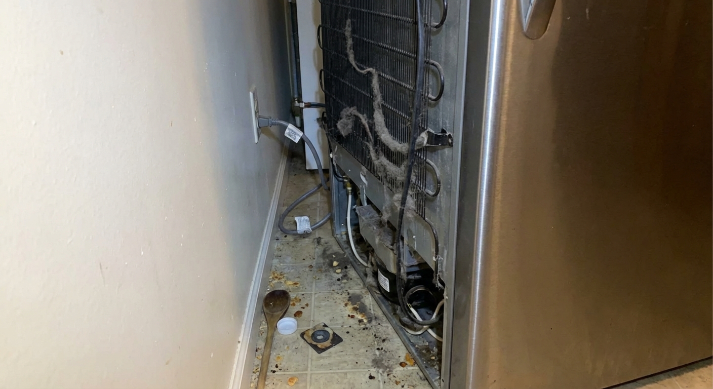 A real photo of the space behind a refrigerator pulled slightly away from the wall in a kitchen