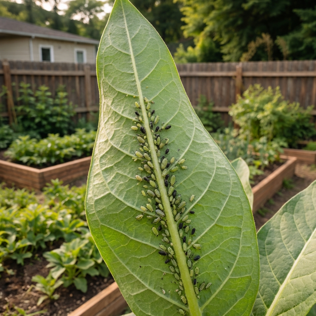 A real photo of the underside of a leaf with small aphids clustered along the central vein