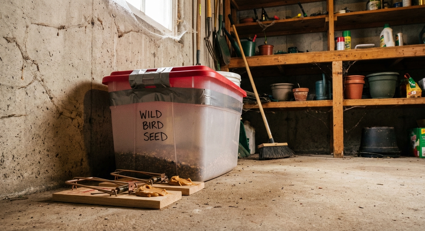 A real photo of two snap traps placed in a garage corner beside a sealed plastic bin of bird seed