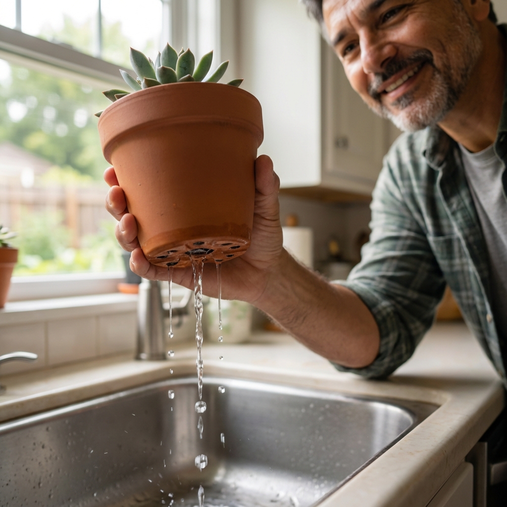 A real photo of water draining from the bottom of a succulent pot into a sink