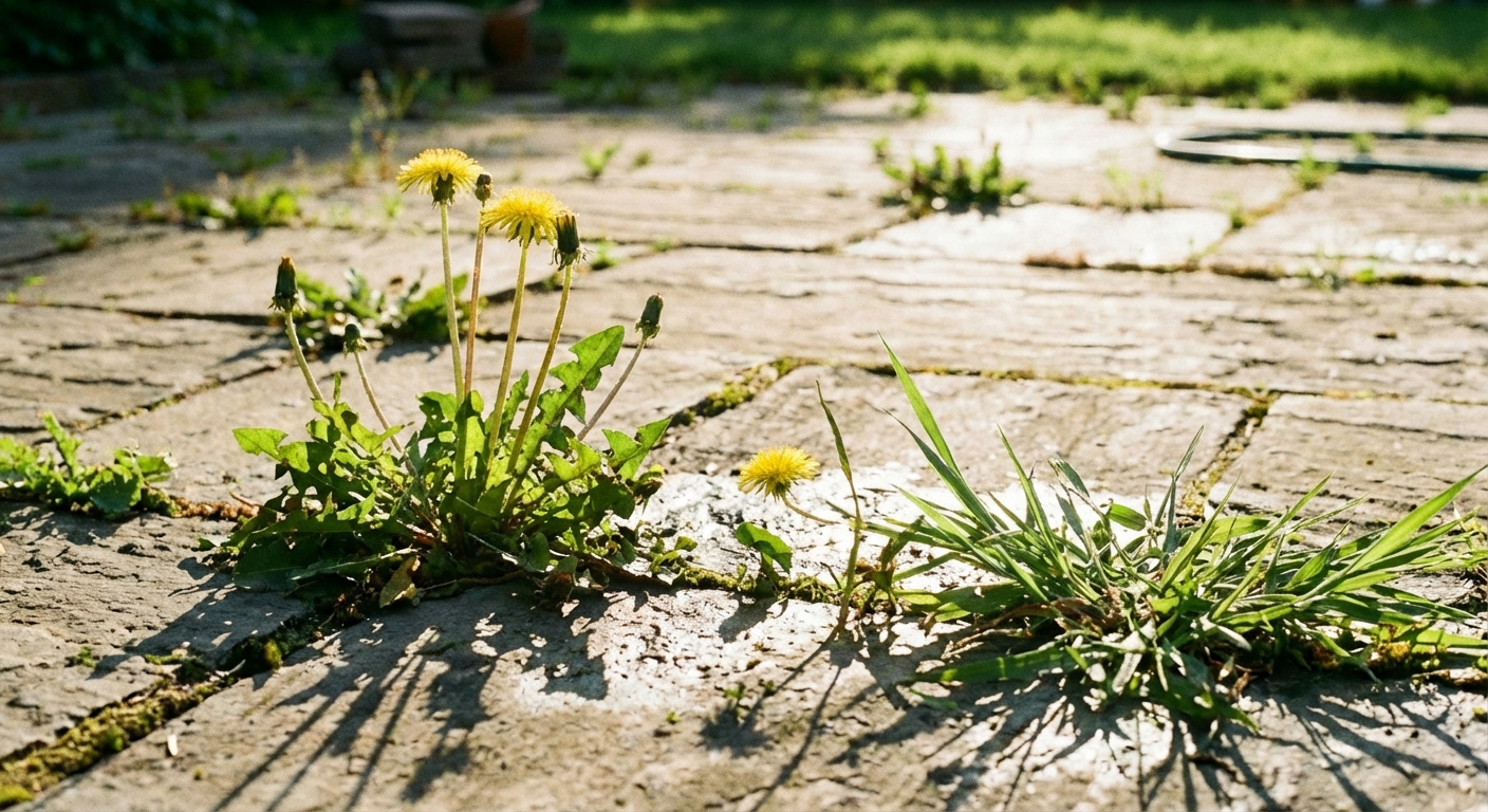 A real photo of weeds growing in cracks between concrete pavers in a backyard walkway