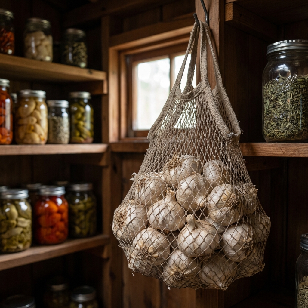 A real photo of whole garlic bulbs stored in a mesh bag hanging in a pantry