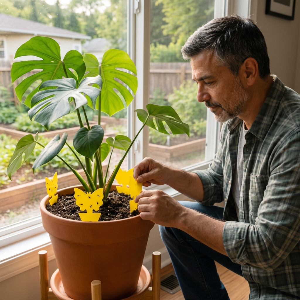 A real photo of yellow sticky traps inserted into potting soil next to an indoor houseplant