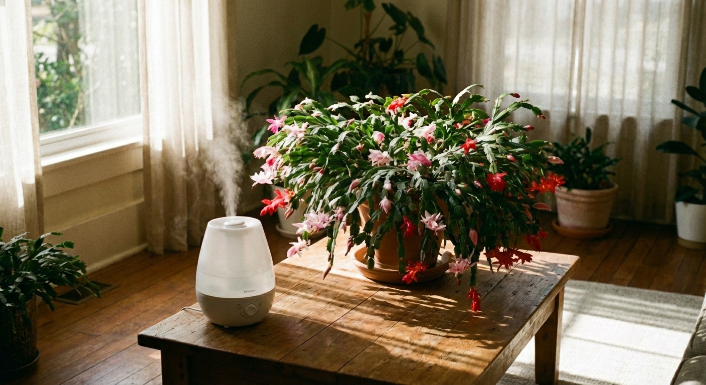 A real photograph of a Christmas cactus next to a small humidifier on a living room table