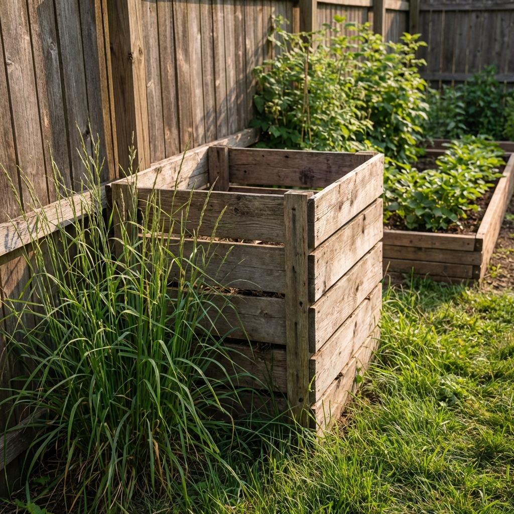 A real photograph of a backyard compost bin next to tall grass and a wood fence