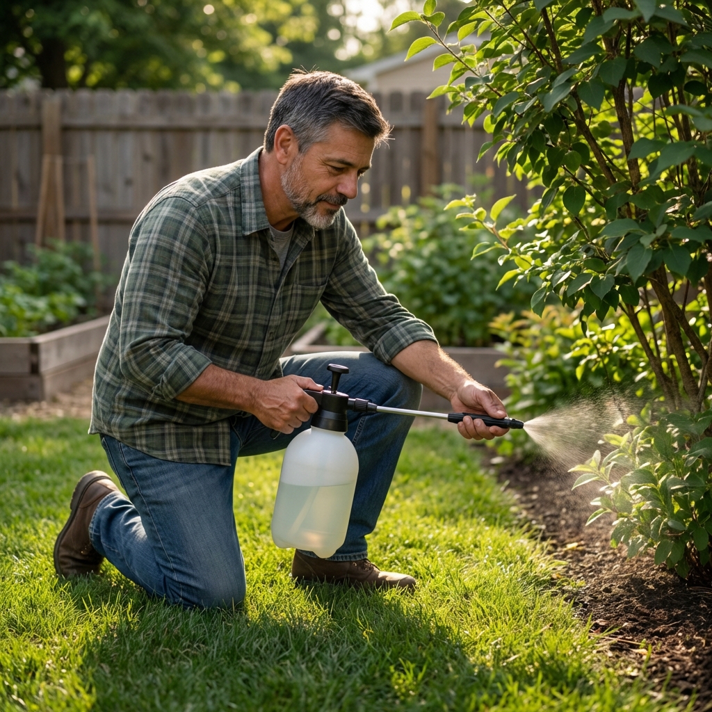 A real photograph of a backyard with a person using a pump sprayer along the edge of a shaded lawn near shrubs