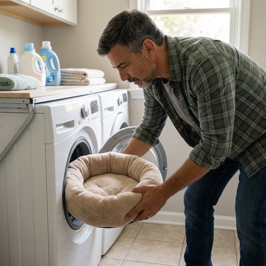A real photograph of a cat bed being placed into a washing machine by a person in a laundry room