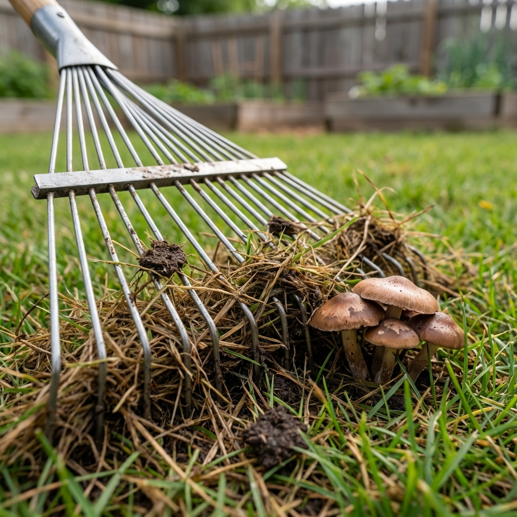 A real photograph of a close-up view of a lawn rake lifting damp thatch from grass near a small cluster of mushrooms
