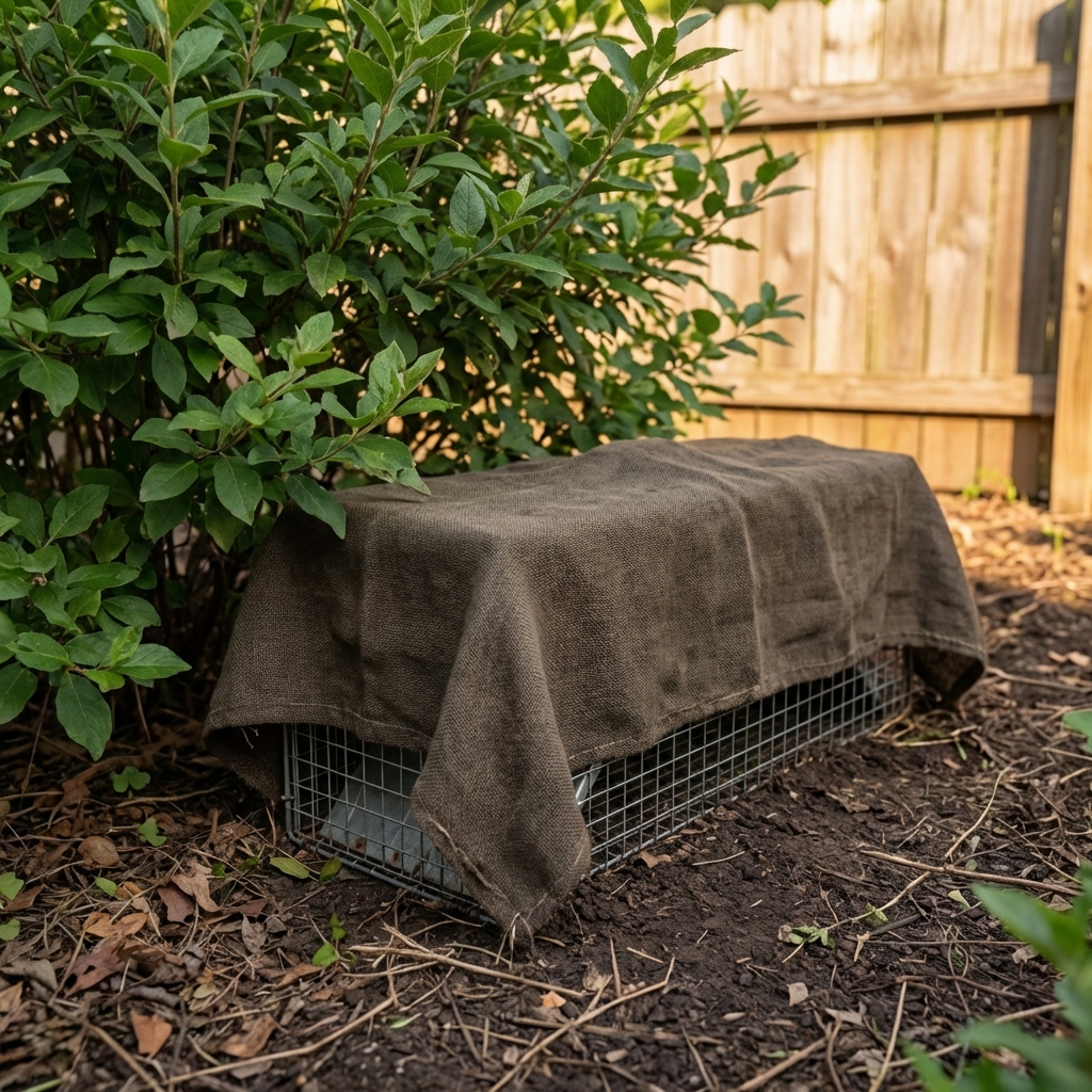A real photograph of a covered live trap in the shade of a shrub with only the wire edges visible
