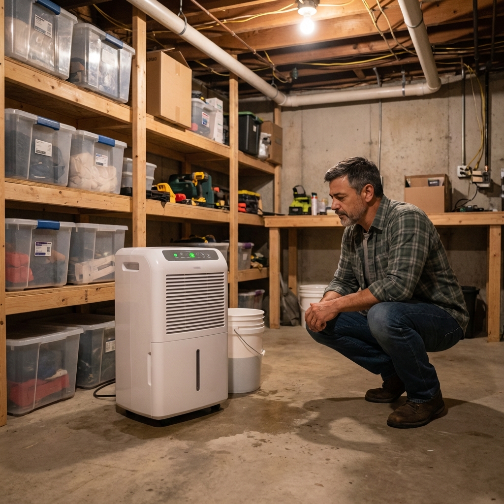 A real photograph of a dehumidifier running in a basement with a concrete floor and storage bins on shelves