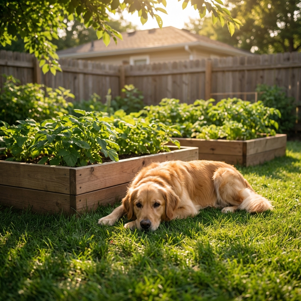 A real photograph of a dog lying on a shady patch of grass near a garden bed in a backyard