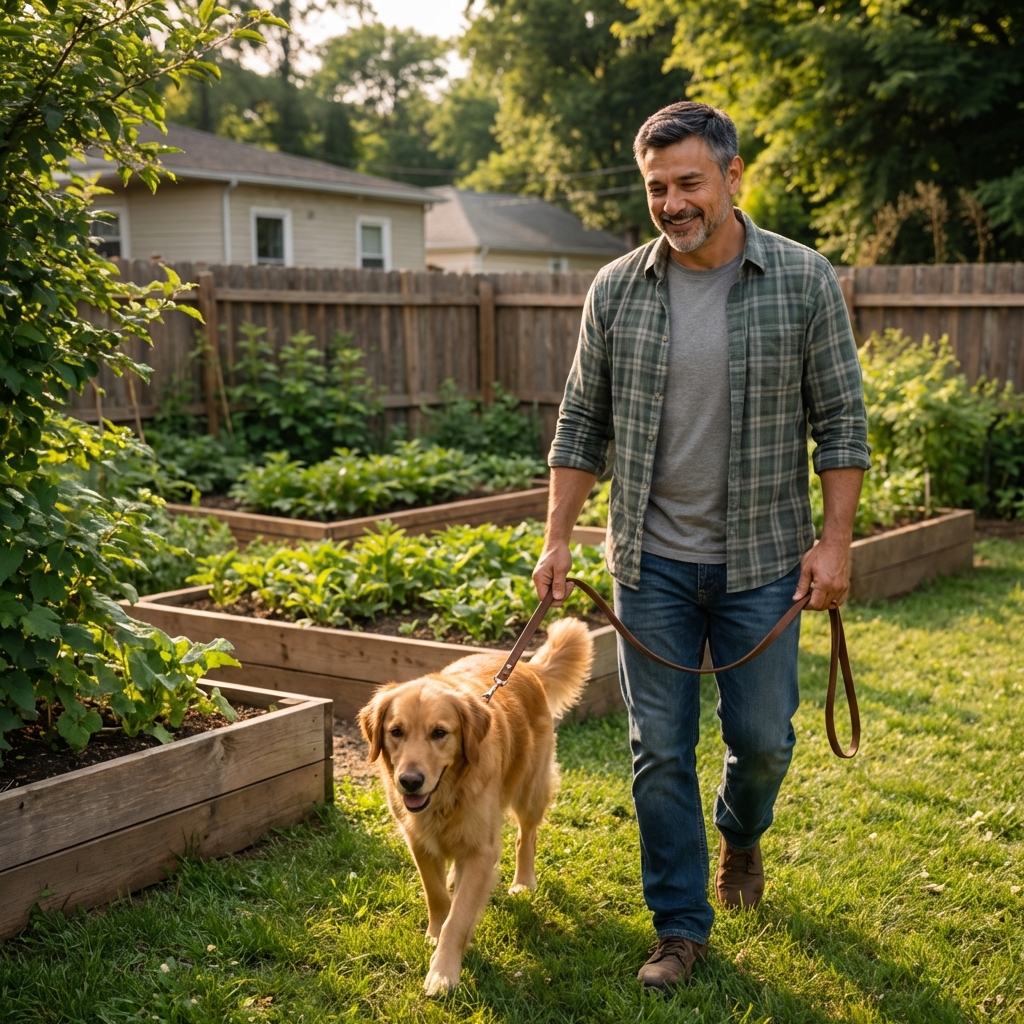 A real photograph of a dog walking on a leash in a backyard near a shaded garden bed