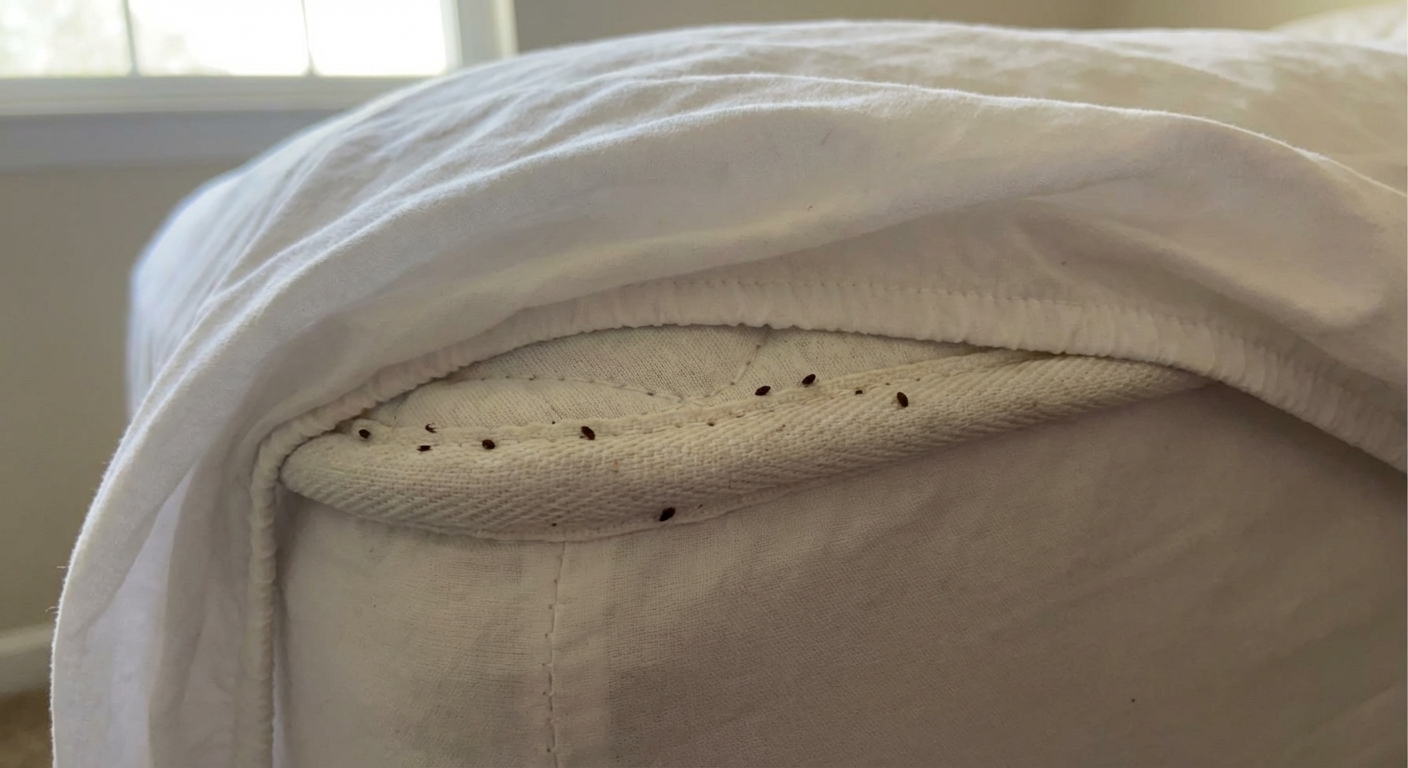 A real photograph of a fitted sheet pulled back to show small dark specks along a mattress seam