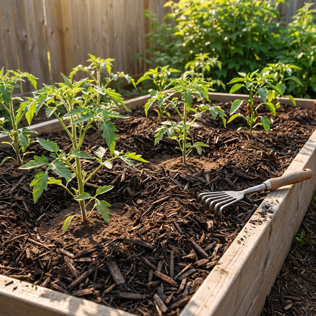 A real photograph of a garden bed with mulch raked back and thinned around plant stems on a sunny day