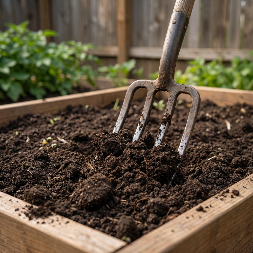 A real photograph of a garden fork loosening dark, compost-amended soil in a raised bed