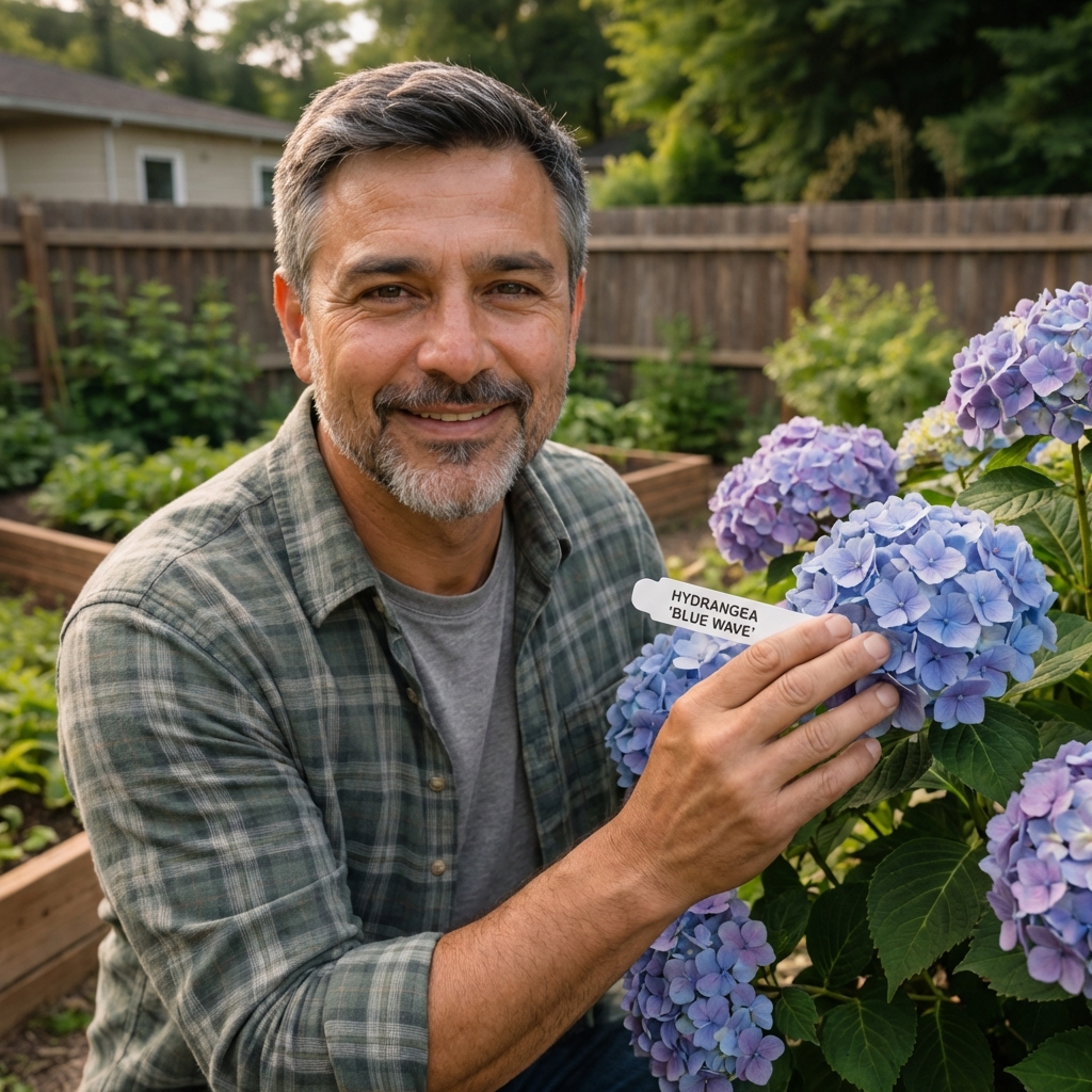 A real photograph of a gardener holding a hydrangea plant tag next to a blooming hydrangea shrub