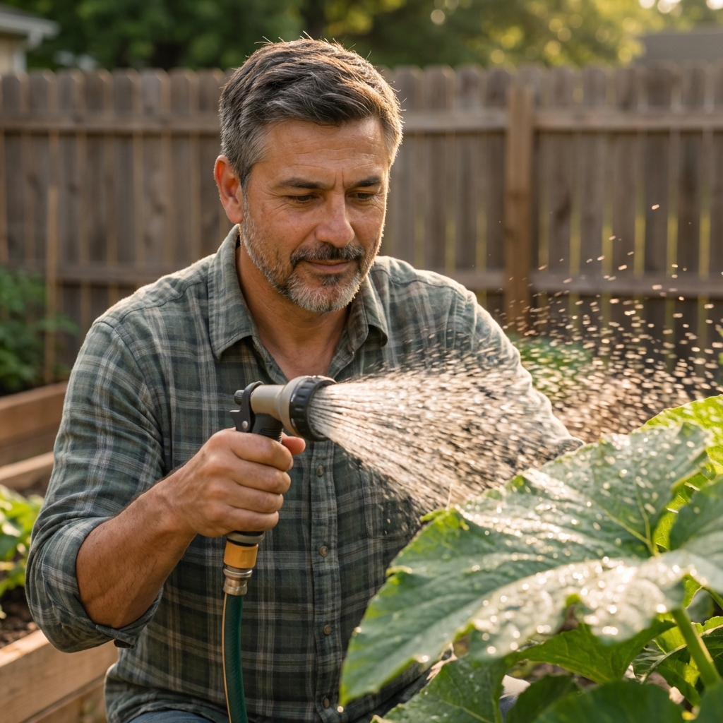 A real photograph of a gardener spraying a leaf with a hose nozzle outdoors, water droplets visible on the plant