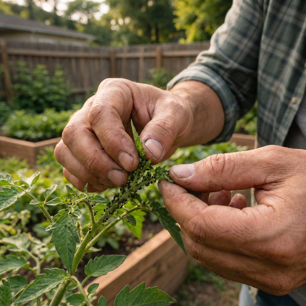 A real photograph of a gardener's fingers pinching off aphid-infested new growth from a plant in a backyard garden