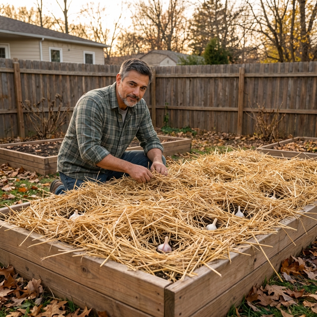 A real photograph of a garlic bed covered with a thick layer of straw mulch in late fall