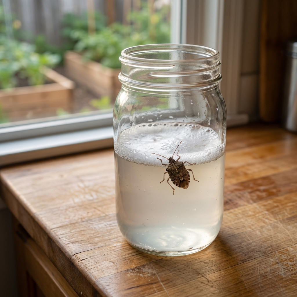 A real photograph of a glass jar half filled with soapy water on a kitchen counter with a stink bug inside