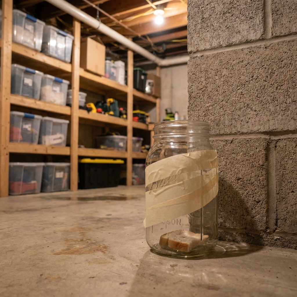 A real photograph of a glass jar trap with masking tape on the outside sitting on a basement floor near a wall