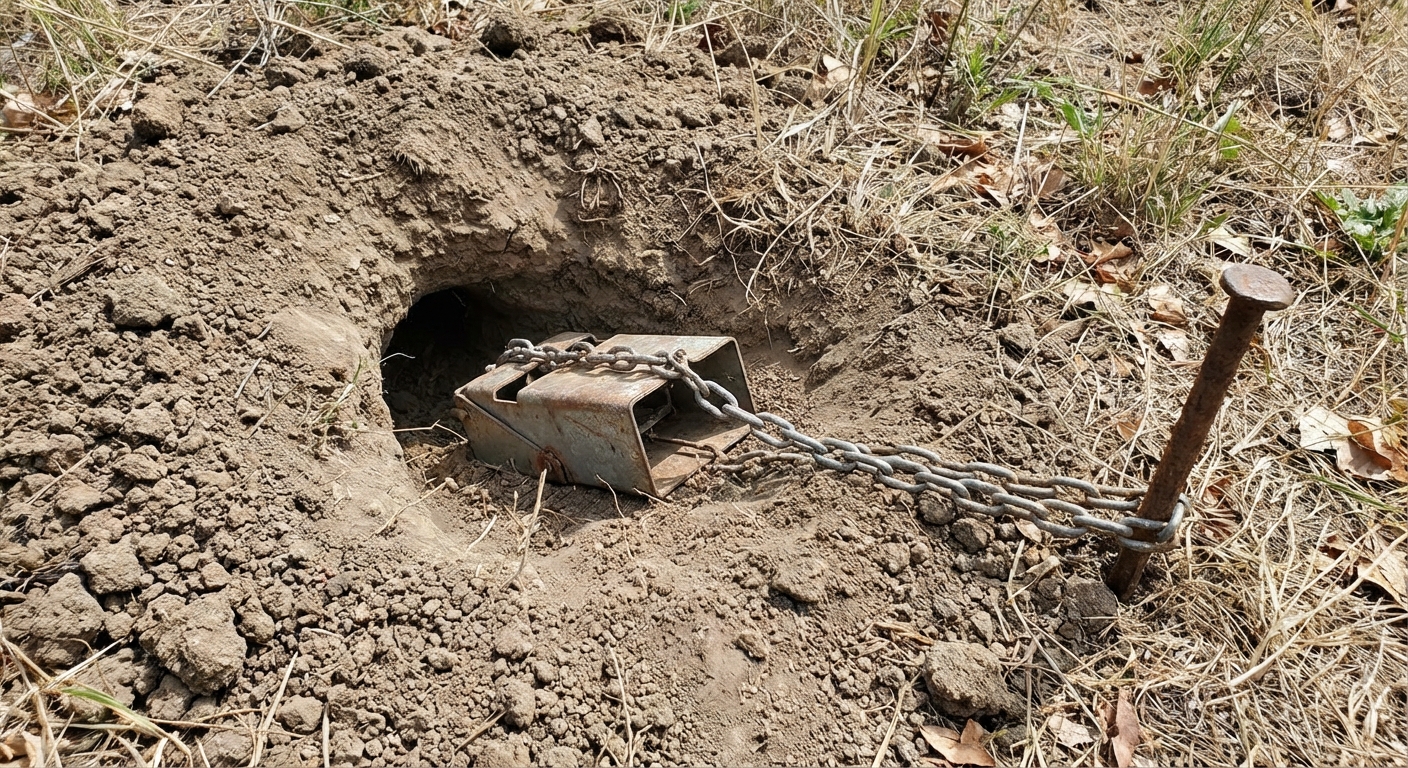 A real photograph of a gopher tunnel opening in soil with a metal gopher trap set inside, trap chain anchored to a stake, natural outdoor lighting