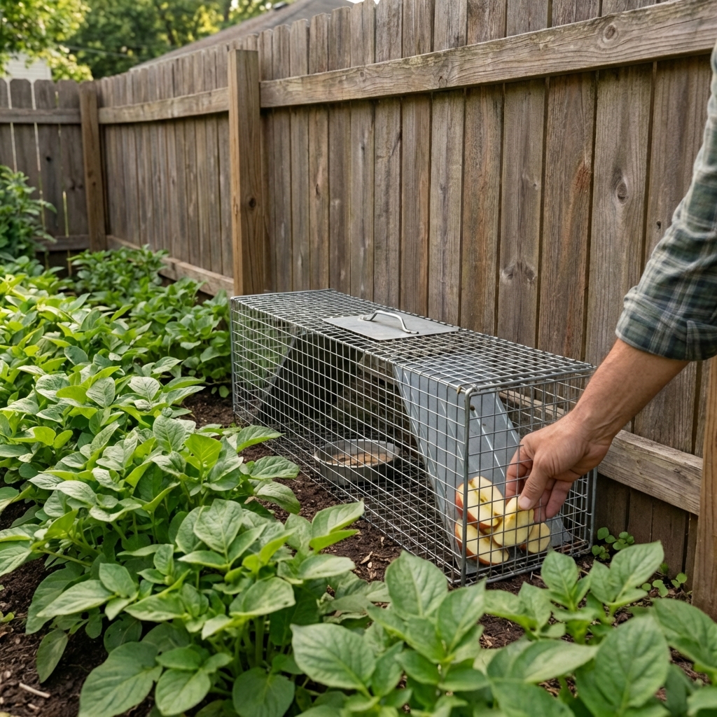 A real photograph of a hand placing apple slices behind the trigger plate inside a wire live trap