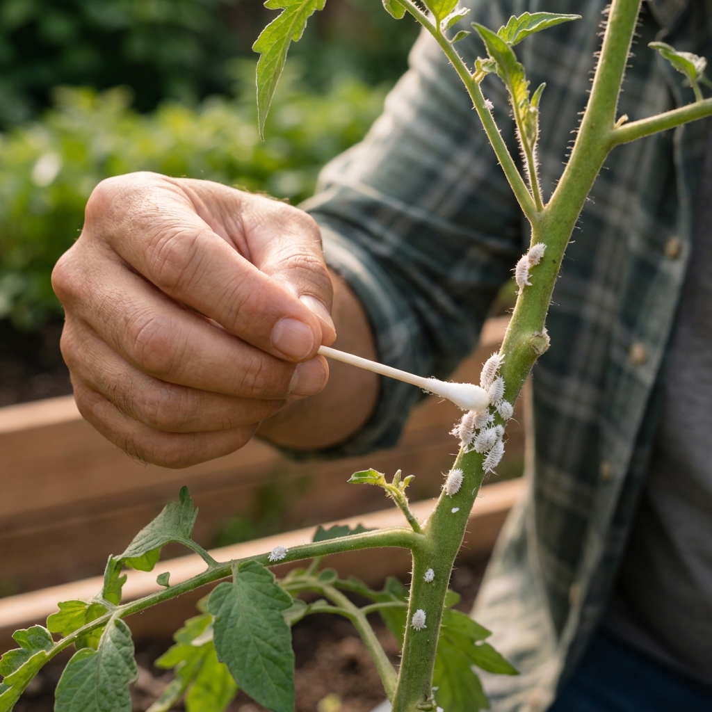 A real photograph of a hand using a cotton swab to dab rubbing alcohol onto mealybugs on a plant stem