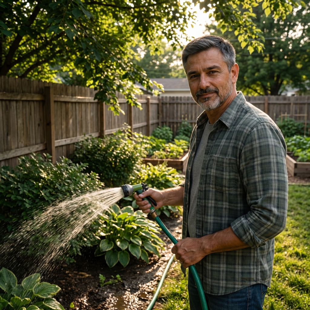 A real photograph of a homeowner watering a shady backyard area near shrubs with a garden hose