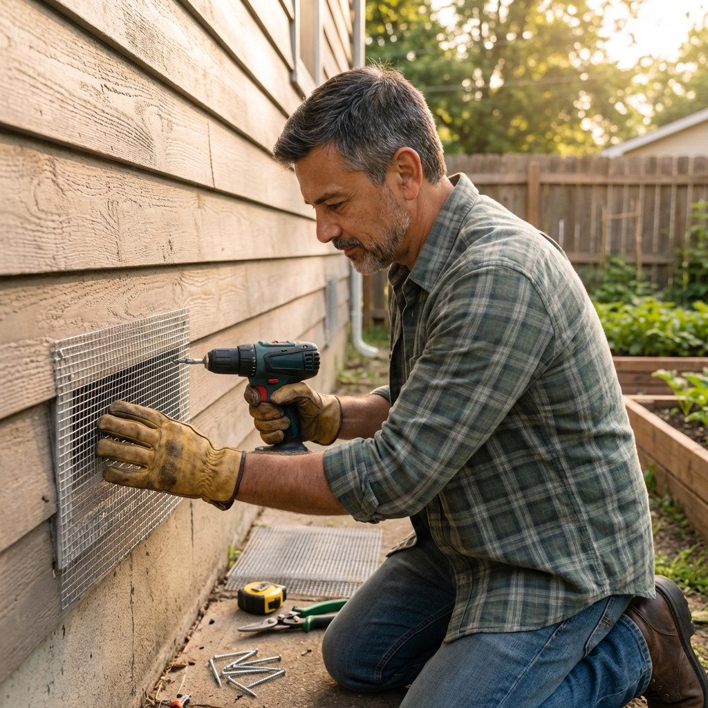 A real photograph of a homeowner wearing work gloves installing metal hardware cloth over a vent opening on the side of a house