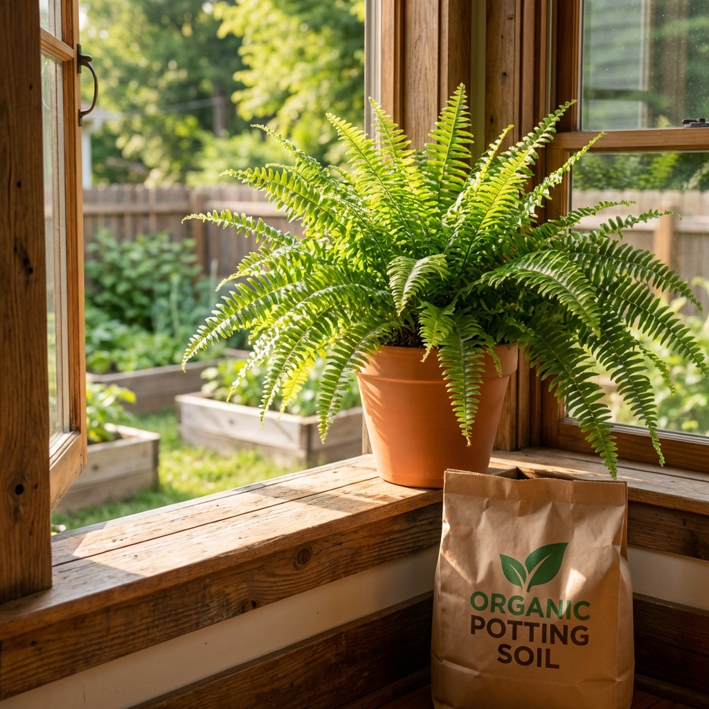 A real photograph of a houseplant sitting by an open window on a bright day with a potting mix bag in the background