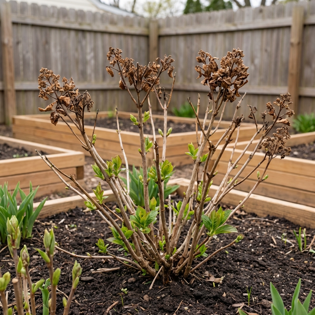 A real photograph of a hydrangea in early spring with browned stem tips showing winter damage