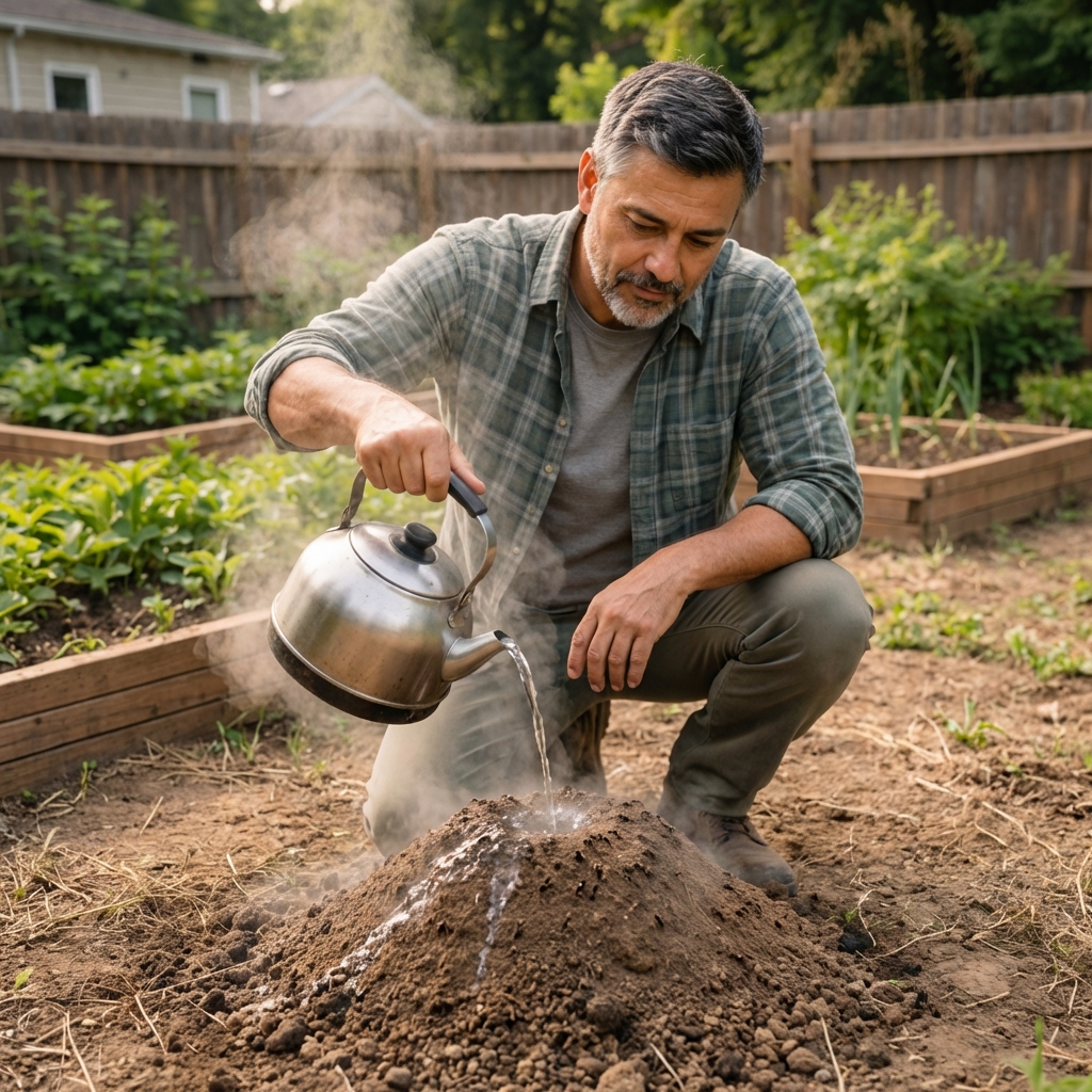 A real photograph of a kettle pouring hot water onto an ant mound in a bare patch of soil