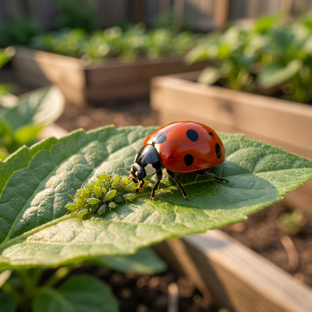A real photograph of a ladybug on a plant leaf near a small cluster of aphids in a garden setting