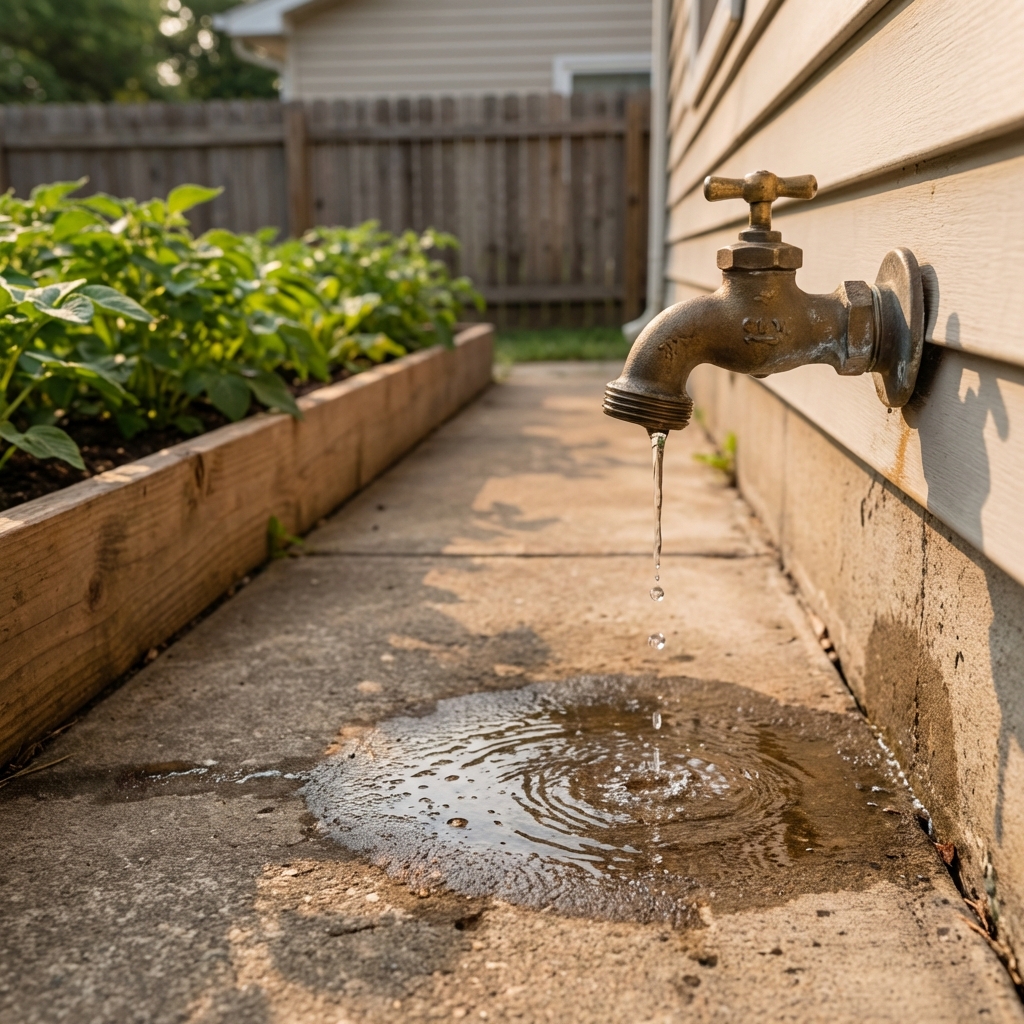 A real photograph of a leaky outdoor spigot dripping onto a concrete patio near a garden bed