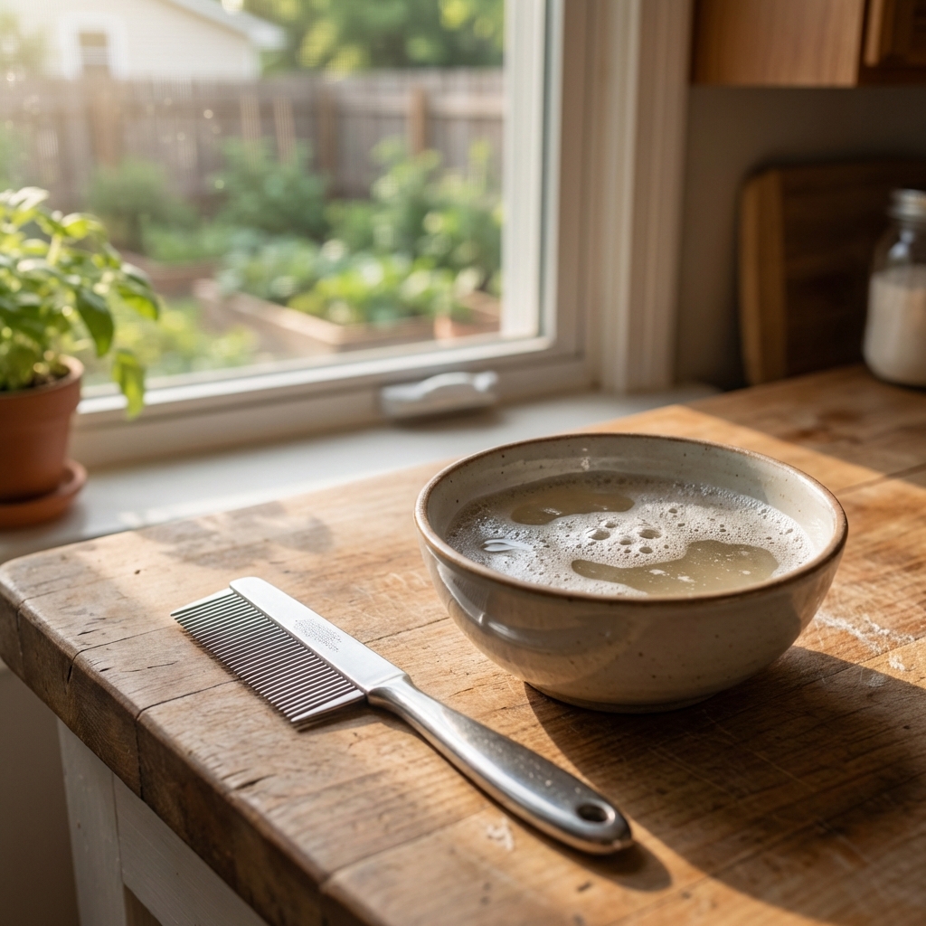 A real photograph of a metal flea comb next to a small bowl of soapy water on a kitchen counter