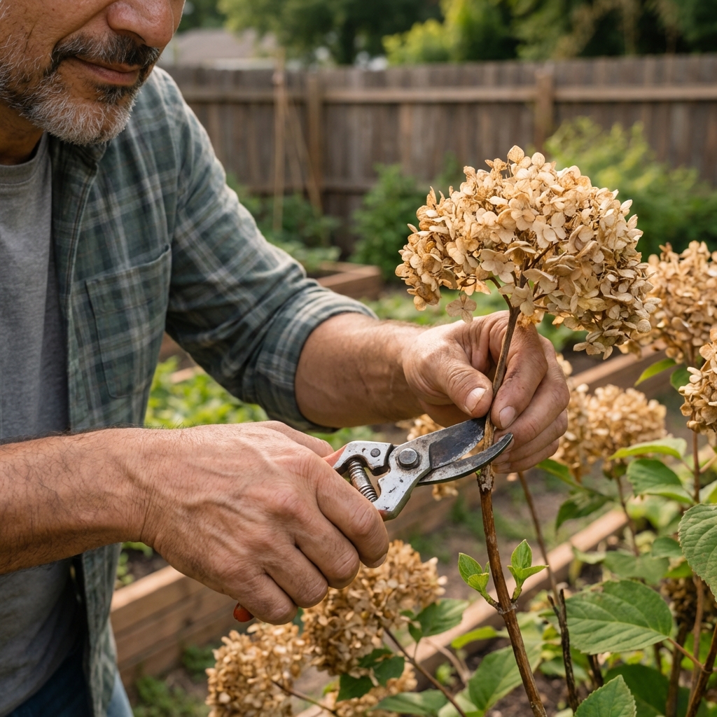 A real photograph of a mophead hydrangea with faded flower heads being trimmed just above a pair of buds