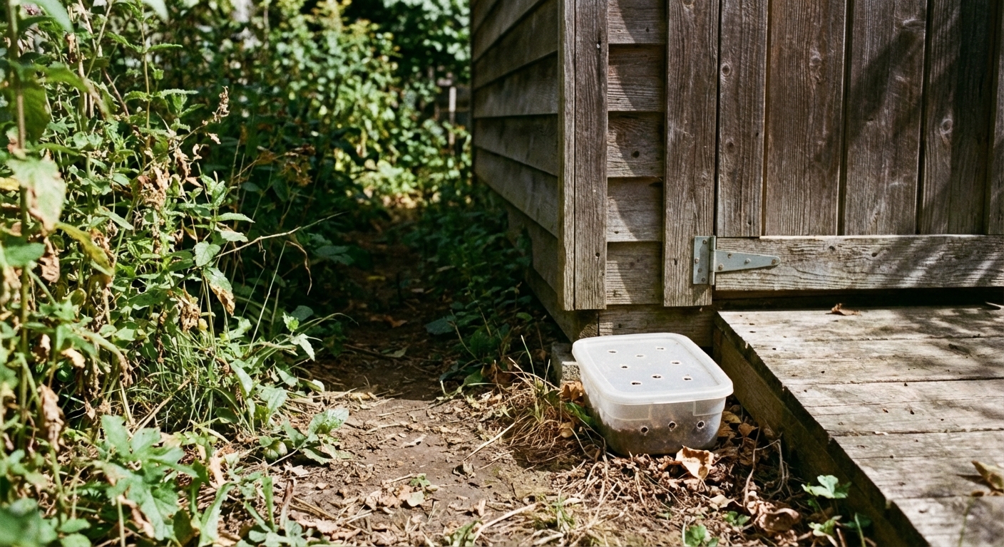 A real photograph of a narrow gap beside a garden shed with a small vented container placed near the threshold