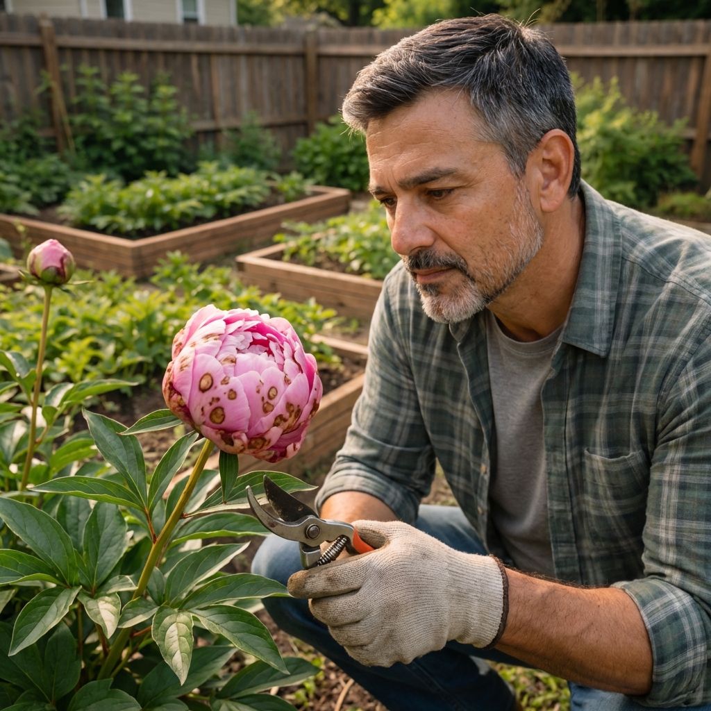 A real photograph of a peony bud with brown spots and a gardener holding pruners nearby in an outdoor garden