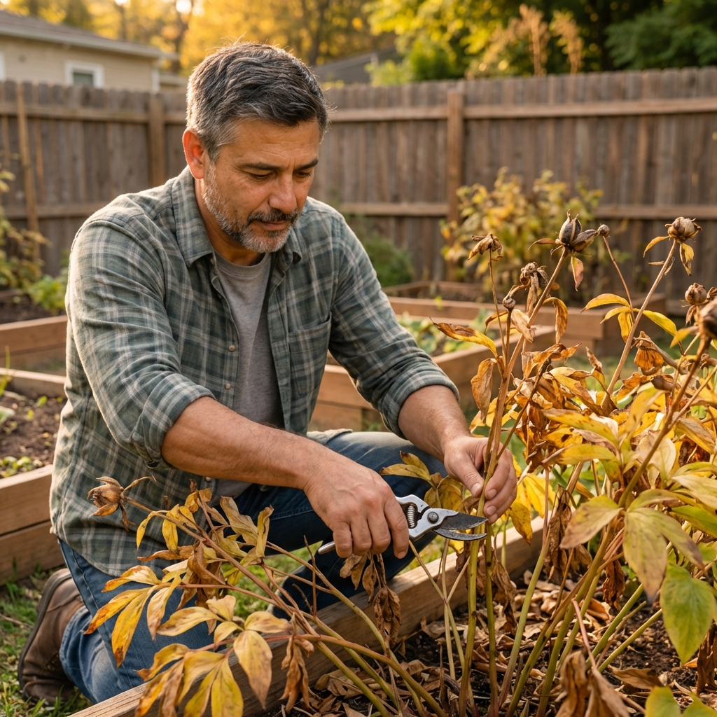 A real photograph of a peony plant being cut back in autumn with yellowing leaves and garden shears