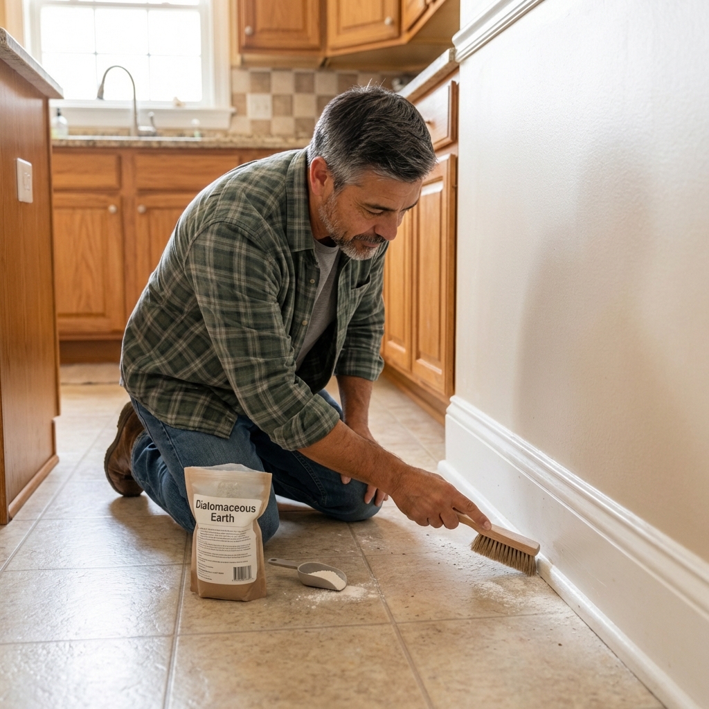 A real photograph of a person applying a light dusting of diatomaceous earth along a baseboard